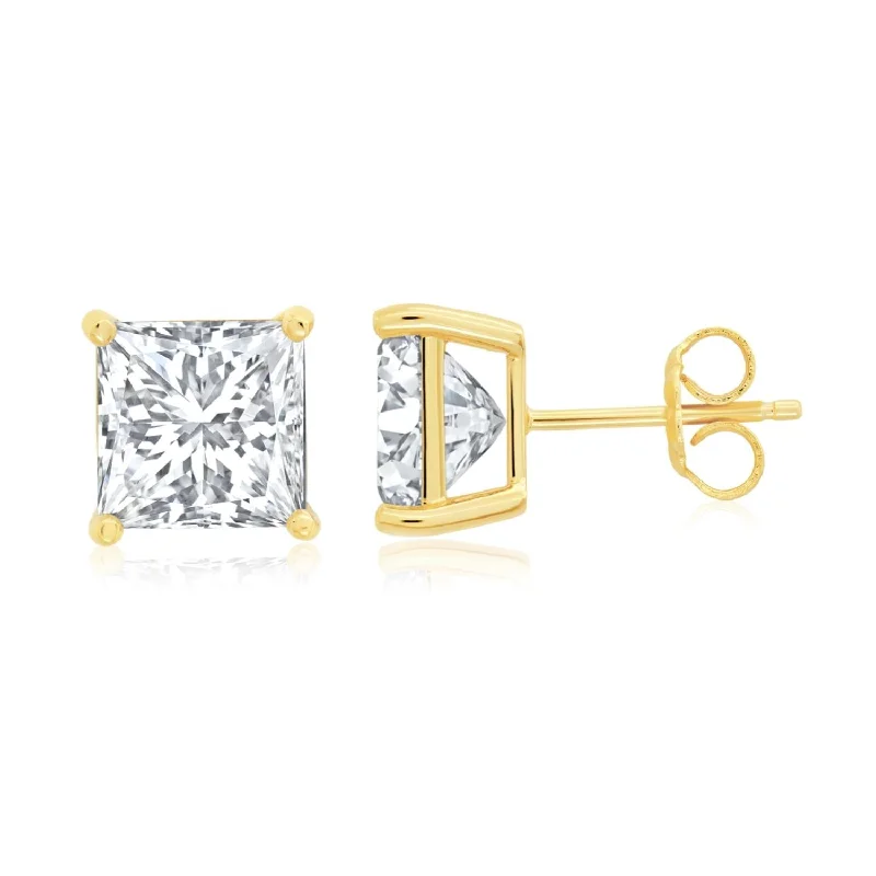 women handcrafted earrings -Crislu 18KT Yellow Gold Plated Sterling Silver Princess Cut Cubic Zirconia Stud Earrings