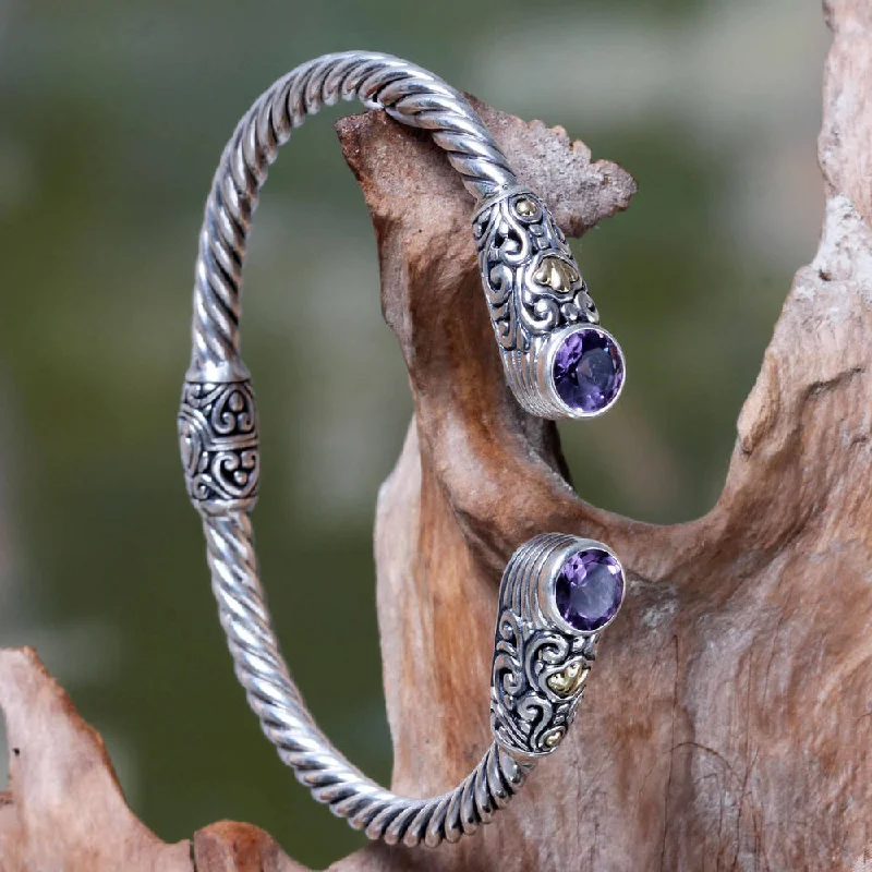 women stacked bangles -Handmade Gold Accent Sterling Silver 'Sukawati Secret' Amethyst Bracelet (Indonesia)