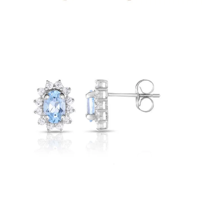 women chandelier earrings -6X4MM Oval Aquamarine and White Topaz Halo Earrings in 10KT White Gold