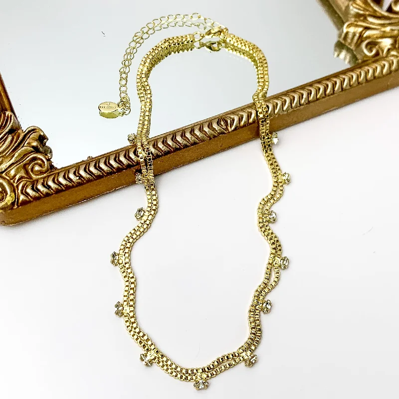 women wedding necklaces -Sorrelli | Cleo Box Chain and Crystal Tennis Necklace in Bright Gold Tone and Clear