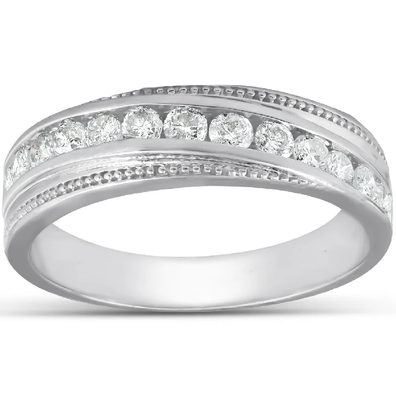 women romantic engagement rings -1/2 Ct Mens Diamond Wedding Ring With Bead Accent High Polished 10k White Gold