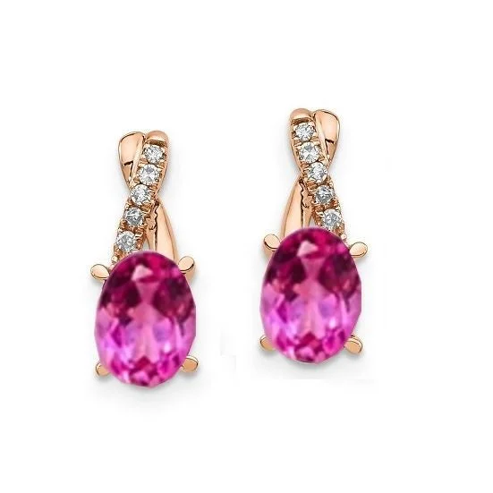 women stud earrings for women -7X5MM Oval Pink Sapphire and Diamond Birthstone Earrings in 10KT Rose Gold