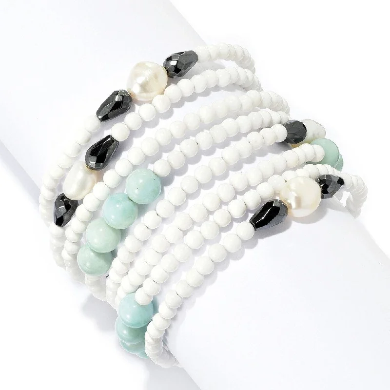 women classic bangles -10 x 8mm Cultured Pearl, Hematite & White Agate Beaded Wrap Bracelet