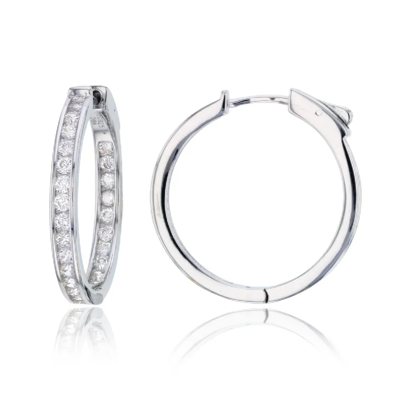 women chandelier earrings -Sterling Silver Round Cubic Zirconia 25X3MM Safety Clasp In & Out Hoop Earrings