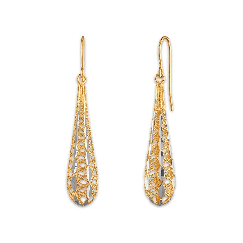 women artistic earrings -14KT Yellow Gold With Rhodium Plating Teardrop Filigree Earrings