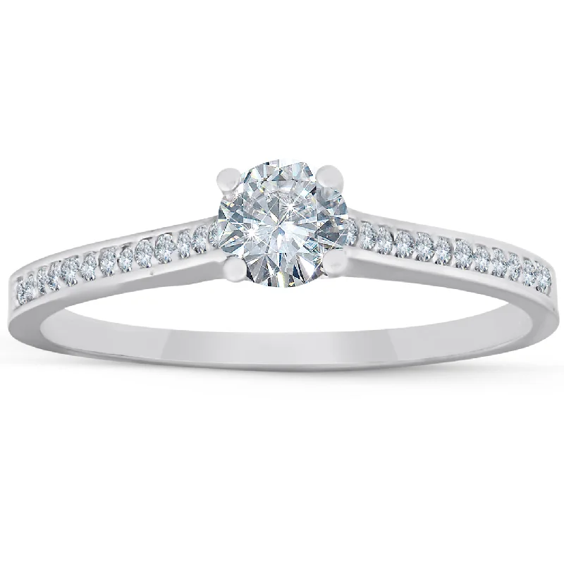 women creative engagement rings -1/2 Ct Diamond Engagement Ring With Side Stones 14k White Gold