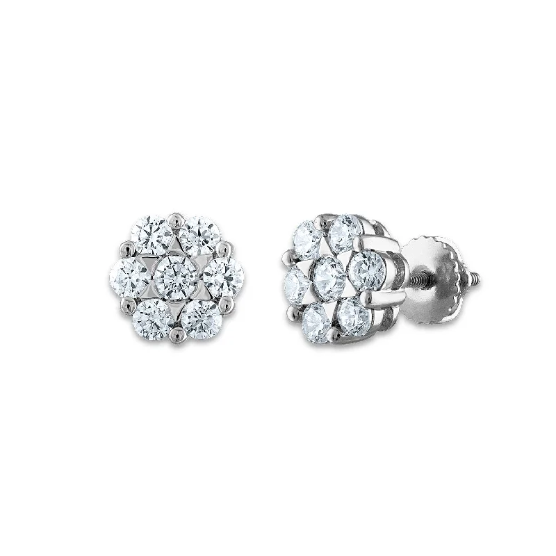 women clip-on earrings -EcoLove 1 CTW Lab Grown Diamond Cluster Stud Flower Shaped Earrings in 14KT White Gold