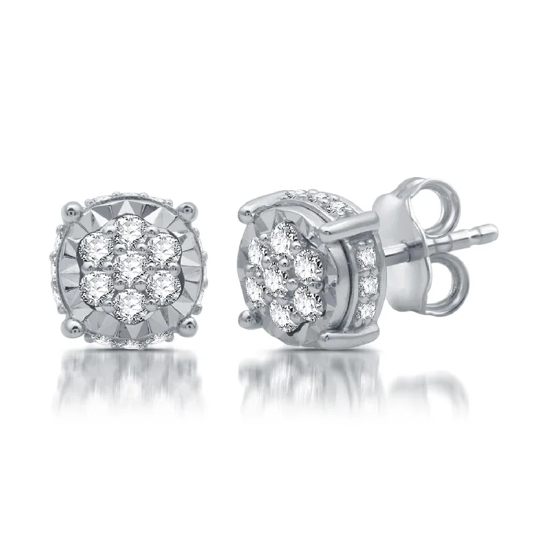 women modern earrings -1/3 CTW Diamond Halo Illusion Set Stud Earrings in Rhodium Plated Sterling Silver