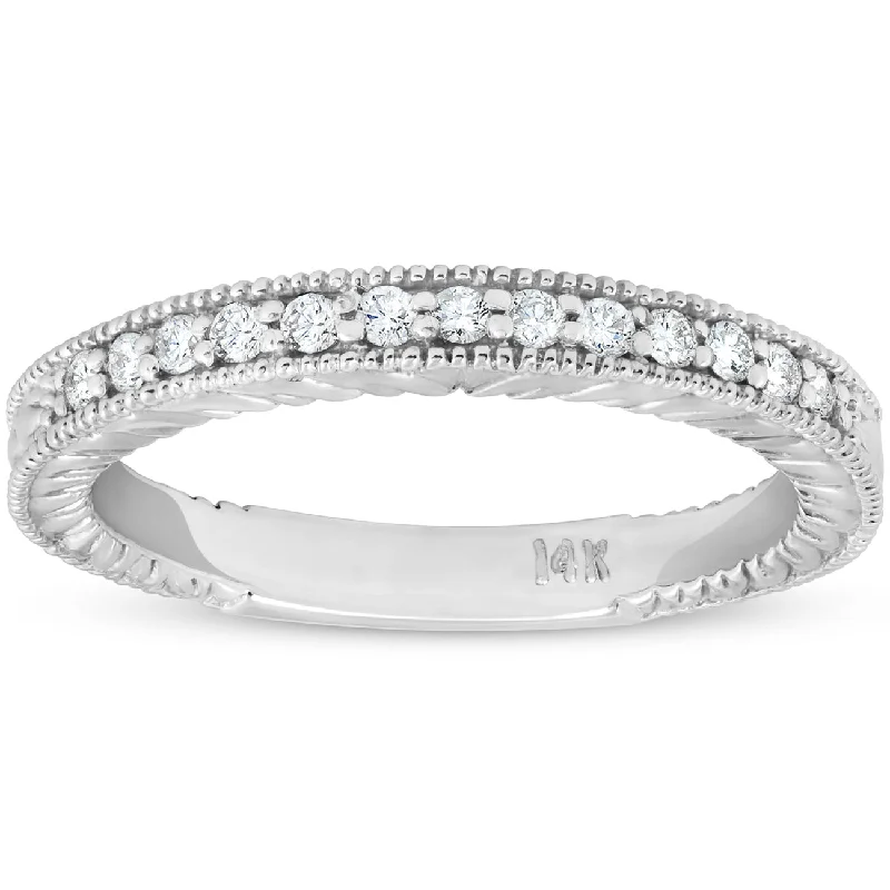 women bridal jewelry engagement rings -1/5ct Diamond Vintage Womens Wedding Ring Stackable 14k White Gold Band