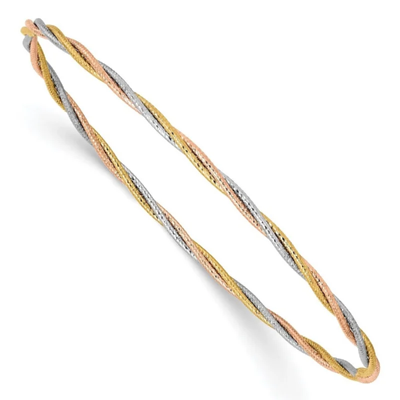 women classic bangle bracelets -Curata 14k Tri-Color Gold 7.25" 2mm Textured Twisted Slip-on Bangle Bracelet