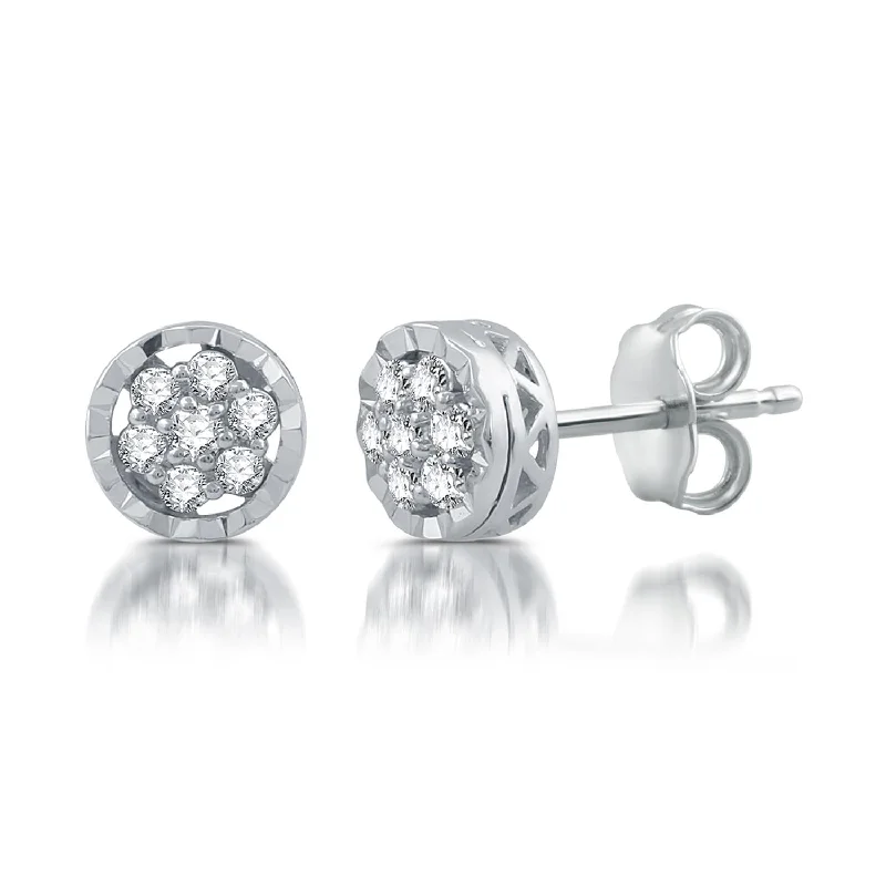 women chic earrings -1/5 CTW Diamond Cluster Halo Stud Earrings in Rhodium Plated Sterling Silver