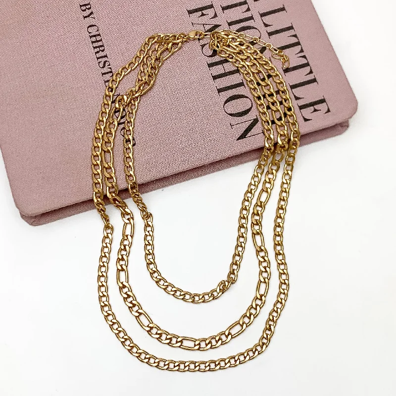 women artistic necklaces -Multi Strand Curb Chain Necklace in Gold Tone