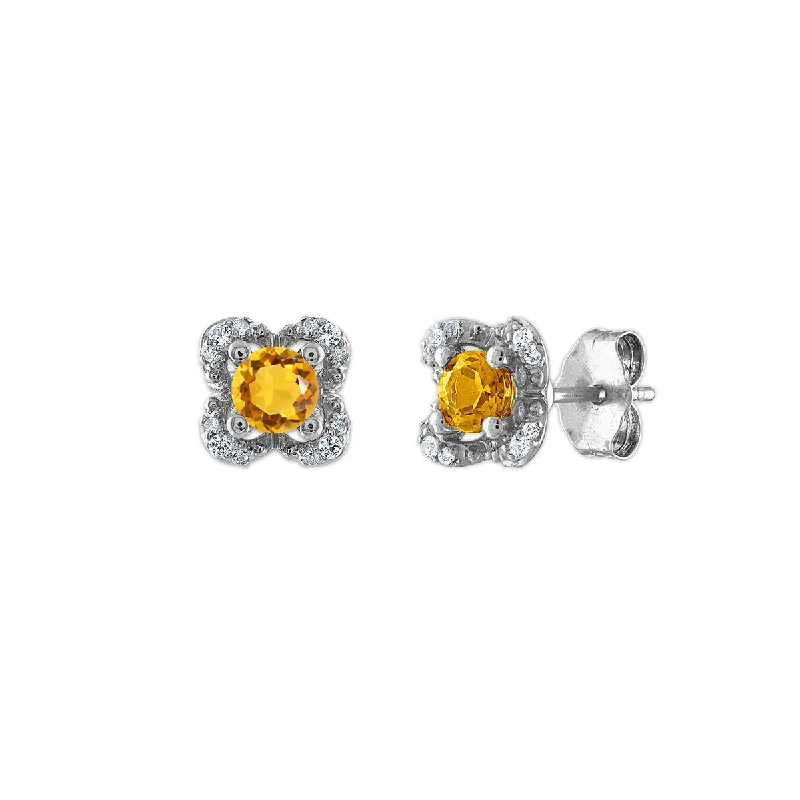 women elegant earrings -4MM Round Citrine and White Sapphire Birthstone Flower Halo Earrings in Sterling Silver