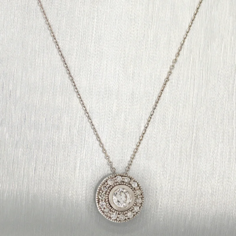 women sparkling diamond necklaces -Vintage 1.00ctw Diamond Halo Circle Pendant - 14k White Gold - 16" Necklace