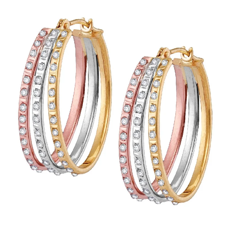 women gold hoop earrings -Diamond Fascination 14KT Gold Tri-Color 17X22MM Diamond Accent Hoop Earrings