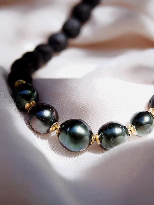 women moonstone necklaces -Five Black Tahitian Pearl Lava Bead Necklace - Moana