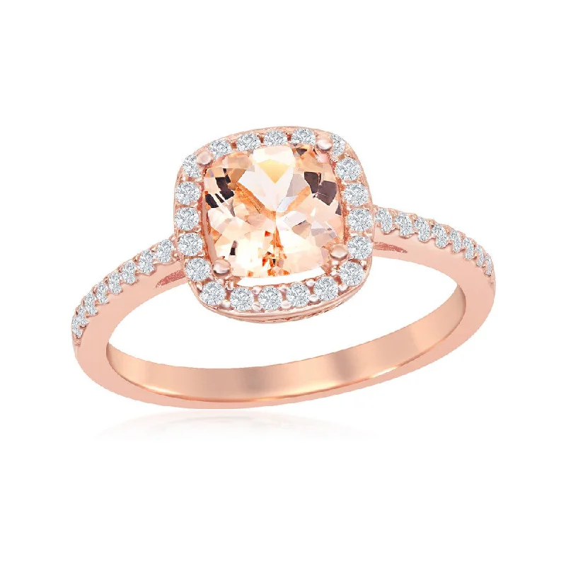 women pave engagement rings -Sterling Silver Square Morganite CZ with White CZ Border Ring - Rose Gold Plated