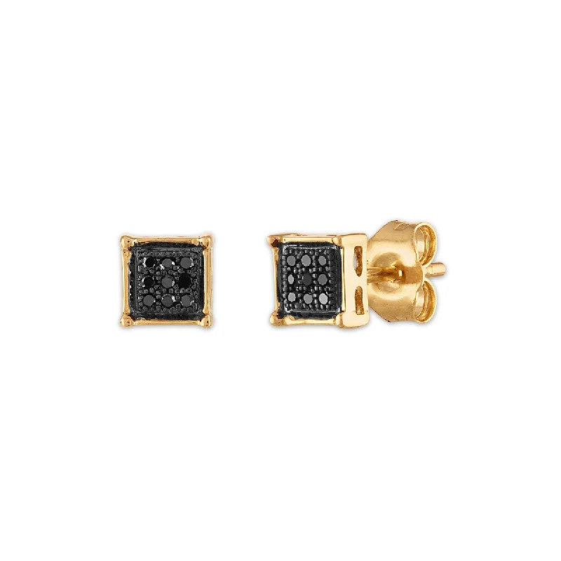 women vintage stud earrings -1/20 CTW Diamond Cluster Stud Treated Black Earrings in 10KT Yellow Gold