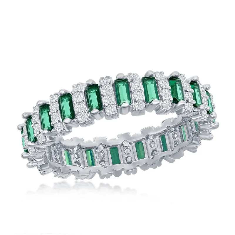 women simple engagement rings -Sterling Silver Round & Baguette Eternity Band Ring - Emerald CZ