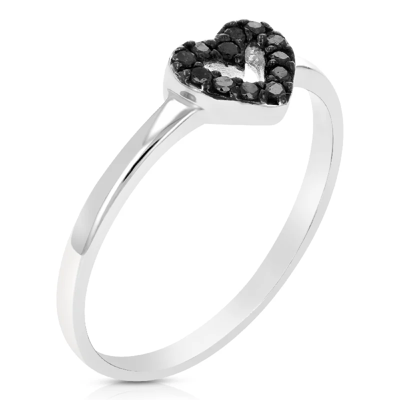 women floral engagement rings -1/10 cttw Black Diamond Heart Shape Ring .925 Sterling Silver Rhodium