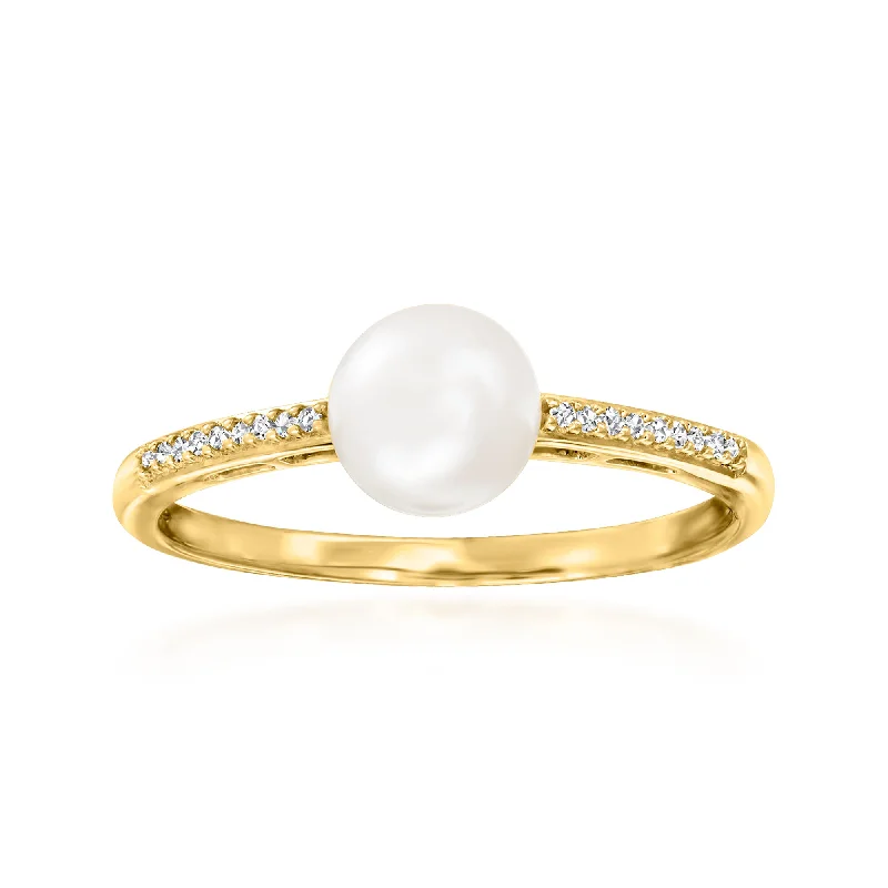 women matching engagement rings -Ross-Simons 6mm Cultured Pearl Ring With Diamond Accents in 14kt Yellow Gold