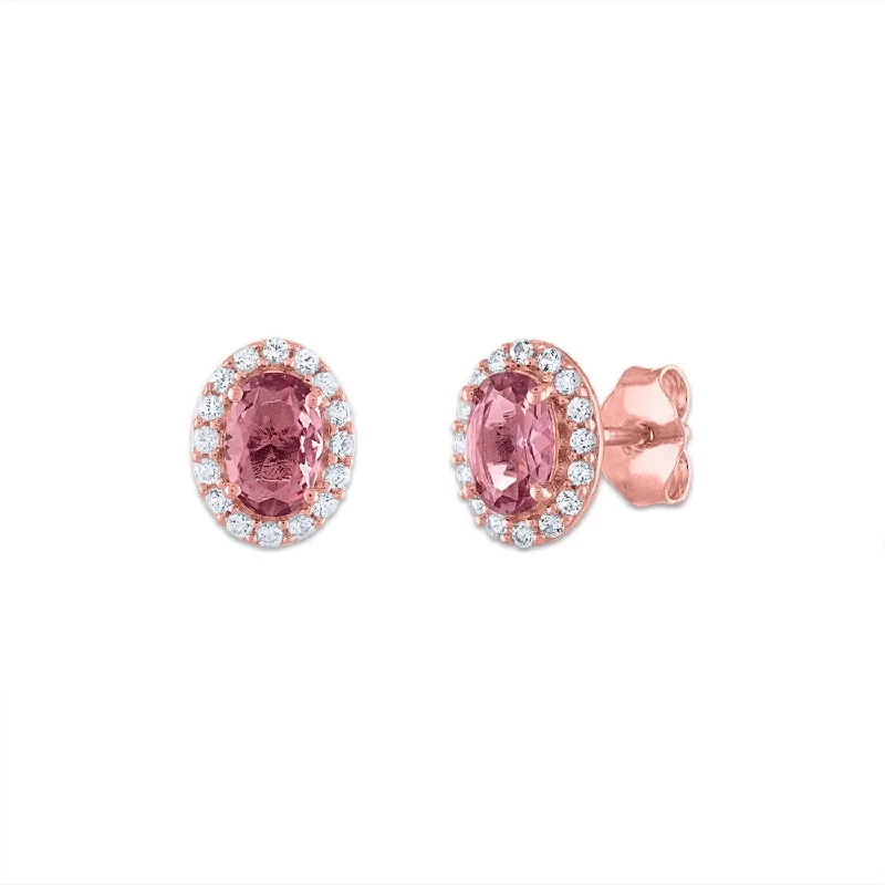 women elegant earrings -6X4MM Oval Alexandrite and Sapphire Birthstone Halo Stud Earrings in 10KT Rose Gold