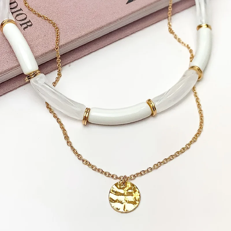 women sparkly necklaces -Perfect Paradise Tube Necklace With Second Gold Tone Chain Necklace in White