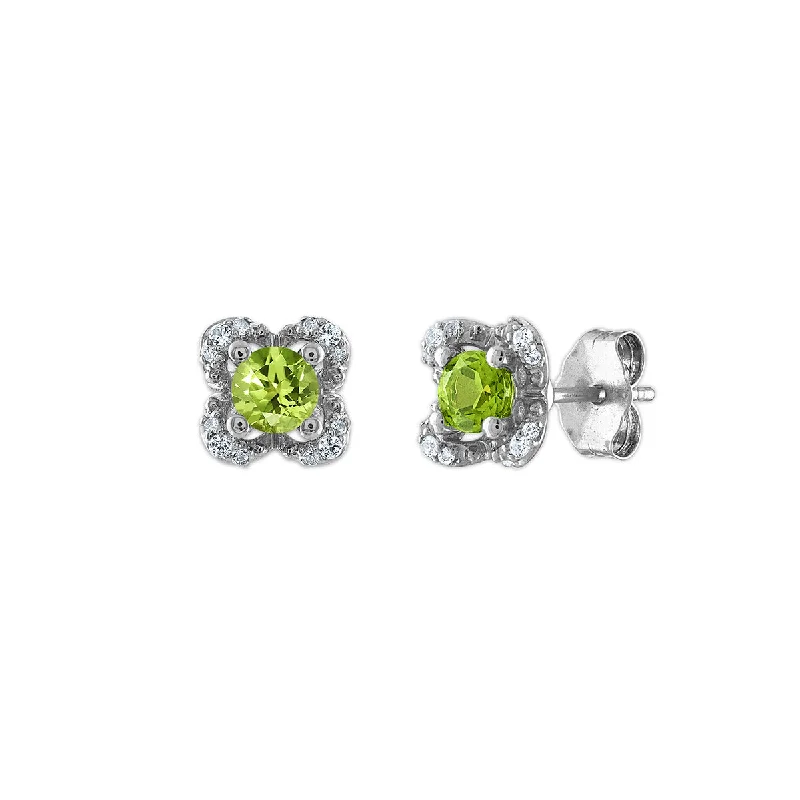 women designer earrings -4MM Round Peridot and White Sapphire Birthstone Flower Halo Earrings in Sterling Silver