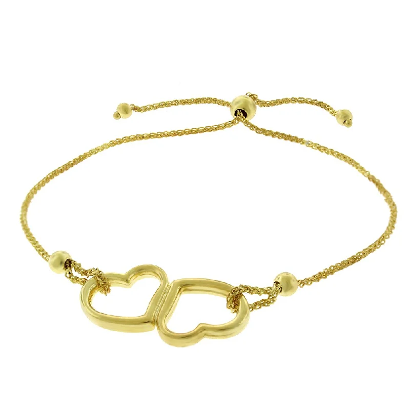 women personalized bangles -14K Yellow Gold Womens Fancy Double Heart Charm Adjustable Slider Bracelet Chain