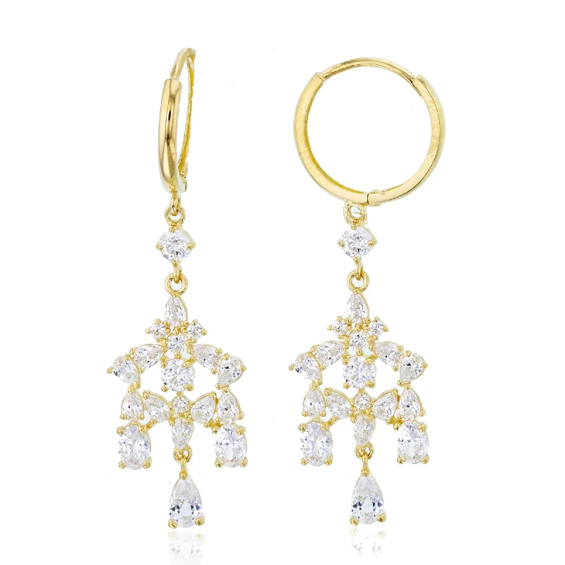 women crystal earrings -14KT Yellow Gold Cubic Zirconia Huggie Chandelier Earrings