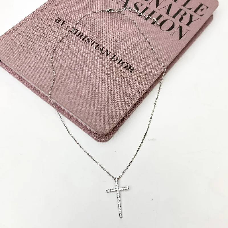 women romantic gift necklaces -Silver Tone Chain Necklace With Clear Crystal Cross