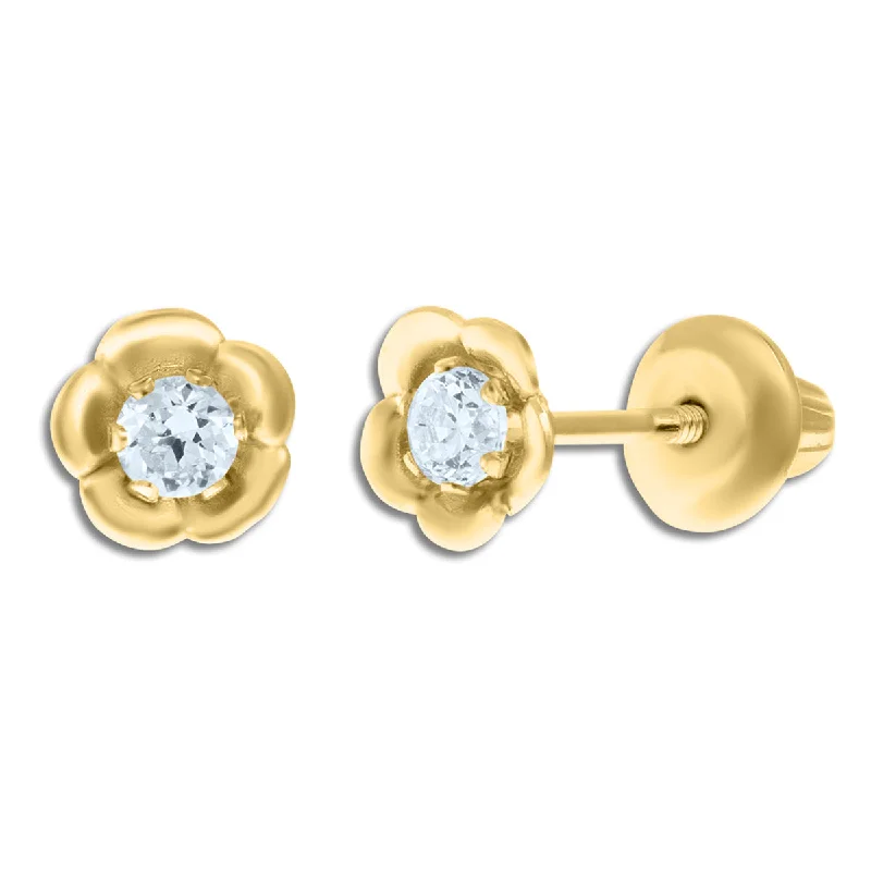 women trendy stud earrings -Kiddie Kraft 14KT Yellow Gold Round Cubic Zirconia Childrens Flower Stud Earrings