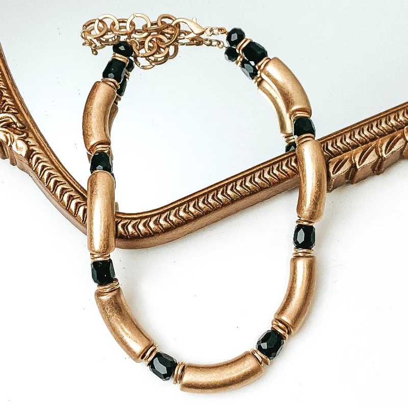 women custom necklaces -Gold Tone Tube Necklace with Black Crystal Spacers