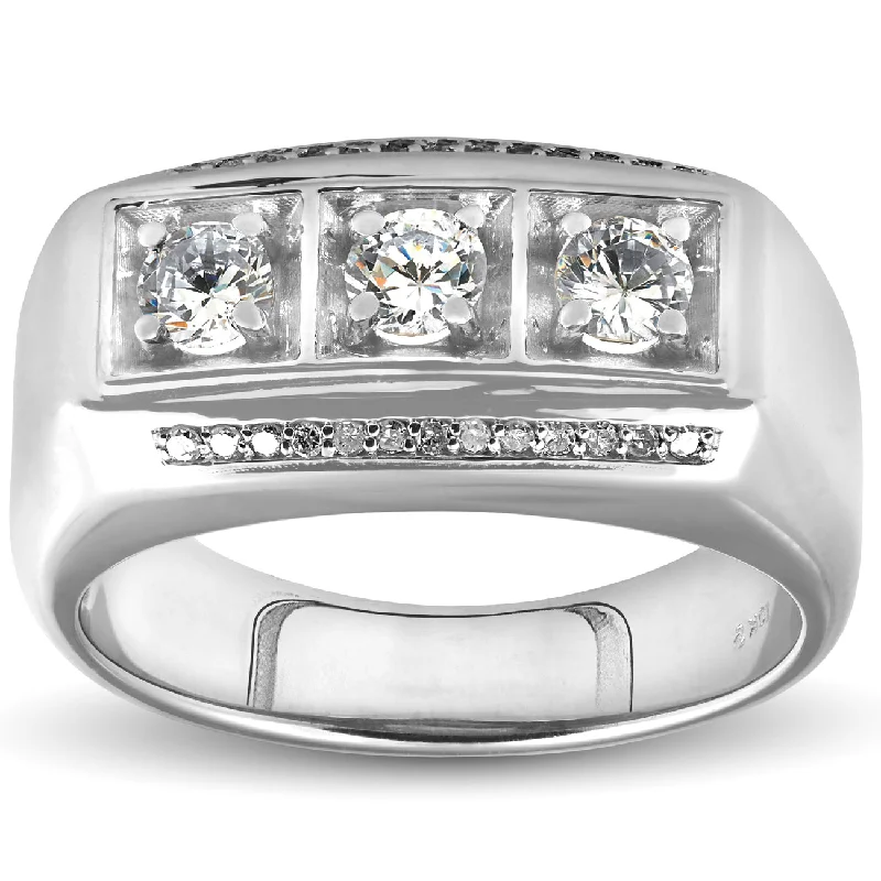 women stacked engagement rings -1ct Diamond Mens Three Stone Wedding Anniversary Ring 10k White Gold