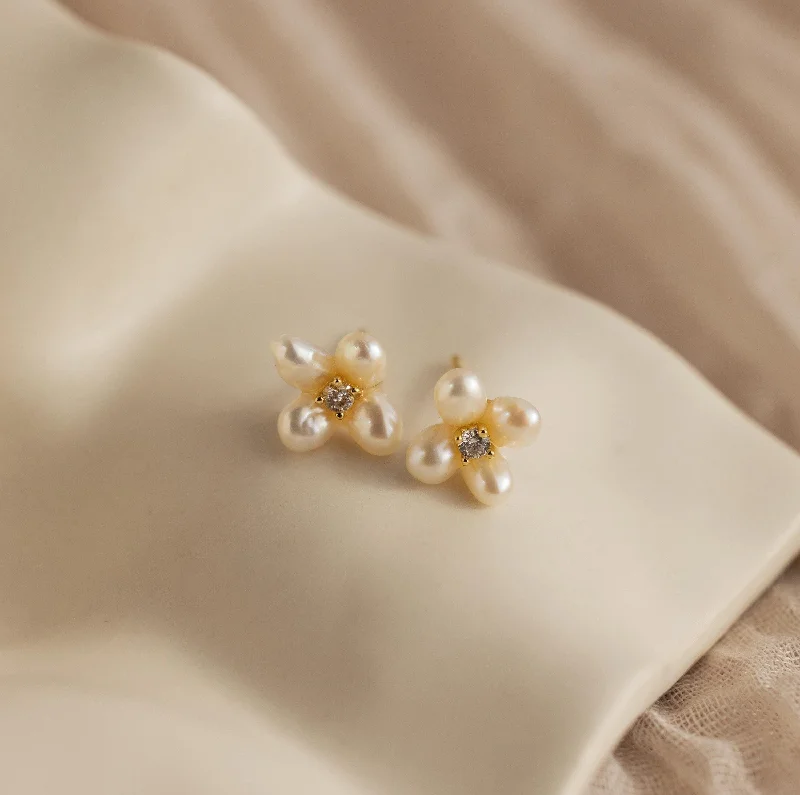 women adjustable earrings -Pearl Flower Studs