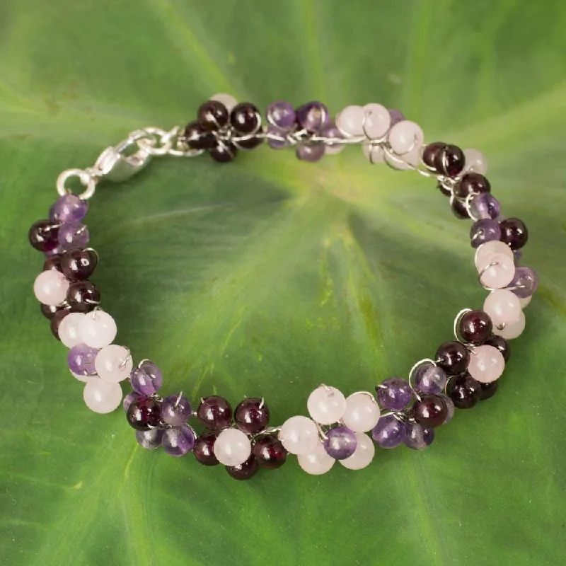 women men’s bracelets -Handmade Silver Plate 'Plum Blossoms' Multi-gemstone Bracelet (Thailand)