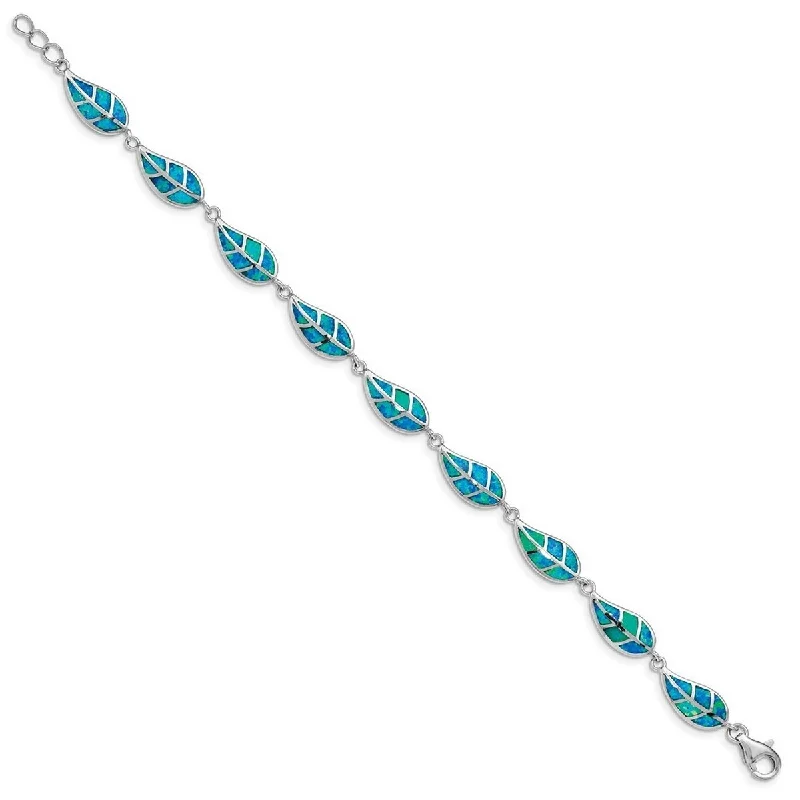 women gold-plated bangles -Curata 925 Sterling Silver Rhodium Plated Simulated Blue Opal Inlay Leaf Bracelet 7.5 Inch