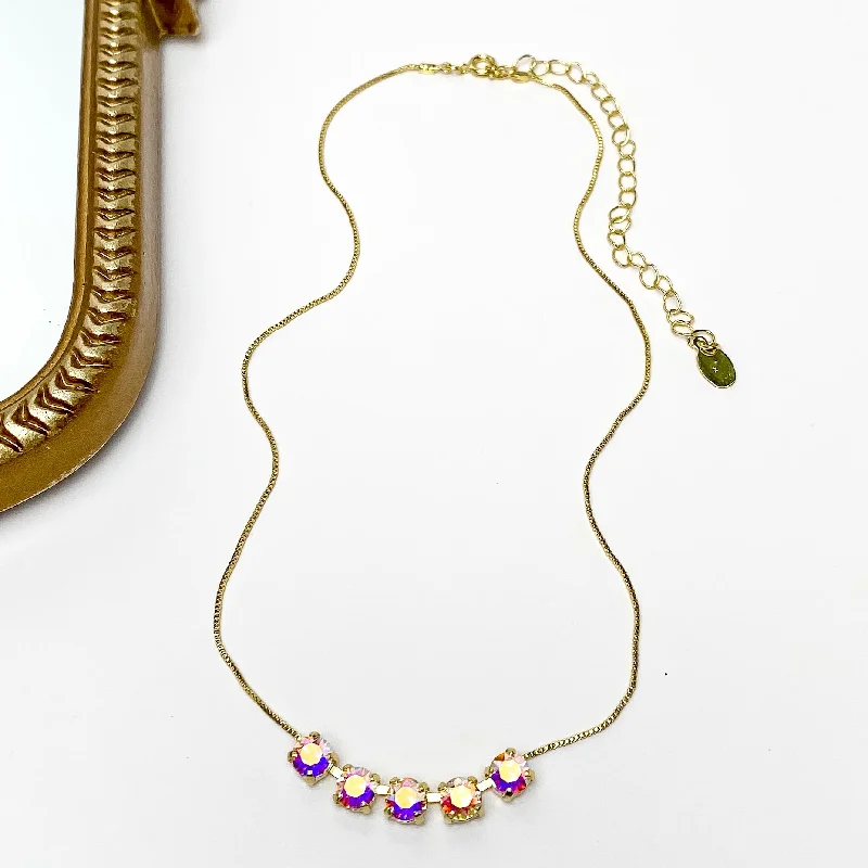 women pendant necklaces -Sorrelli | Shaughna Tennis Necklace in Bright Gold Tone and Aurora Borealis