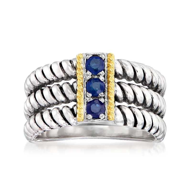 women matching engagement rings -Ross-Simons Sapphire 3-Stone Ring in Sterling Silver With 14kt Yellow Gold