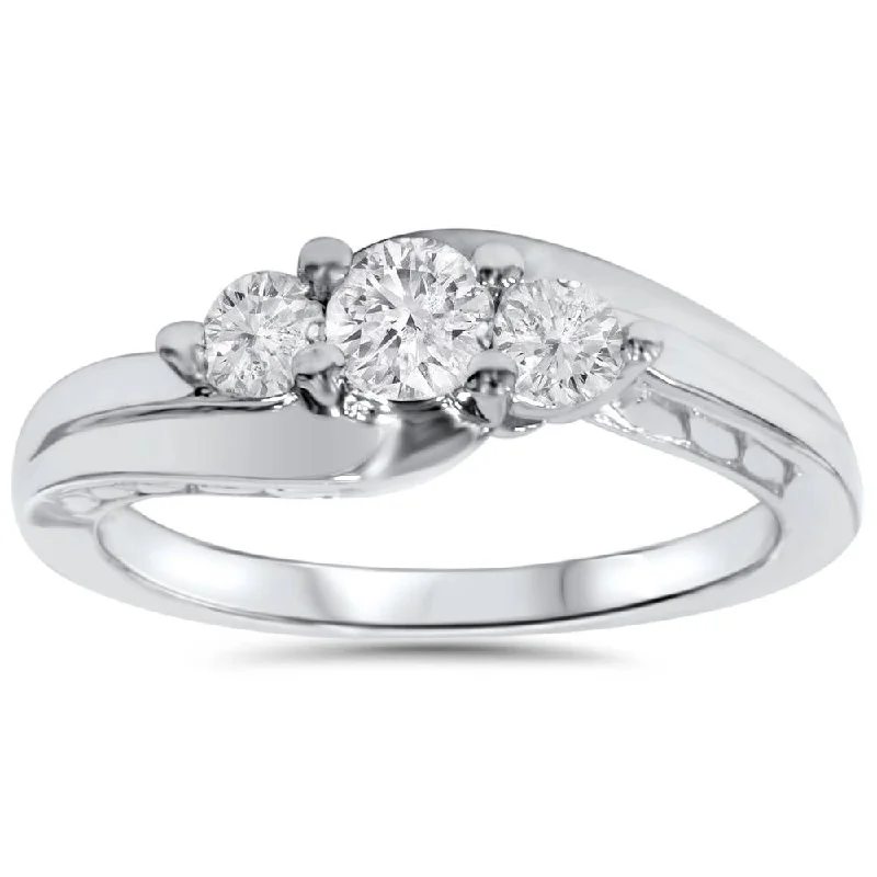 women vintage engagement ring sets -1/2ct 3 Stone Vintage Diamond Engagement Ring 10K White Gold