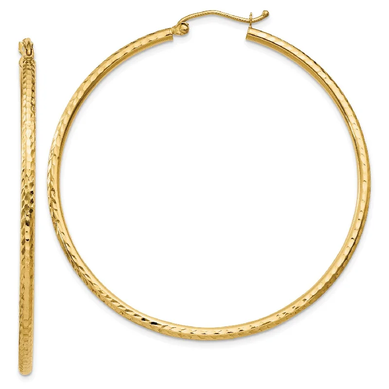 women trendy gold earrings -14KT Yellow Gold 50X2MM Diamond-cut Hoop Earrings