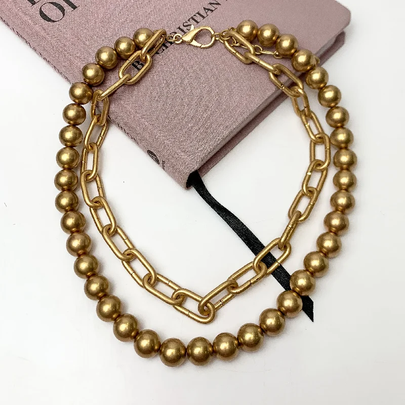 women double-layer necklaces -Double Date Multi Strand Gold Tone Chain Necklace