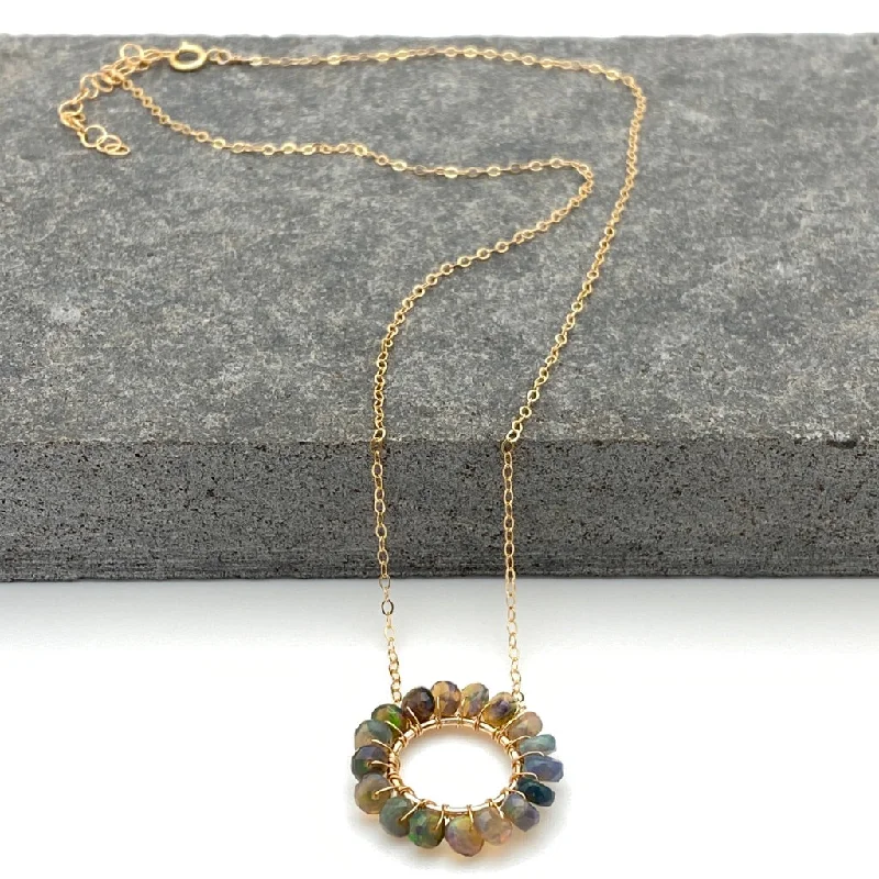 women affordable necklaces -October Birthstone BLACK OPAL - Circle Necklace