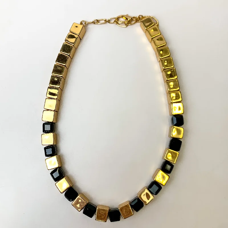 women simple gold necklaces -Fashionably Late Gold Tone Cubed Necklace in Black