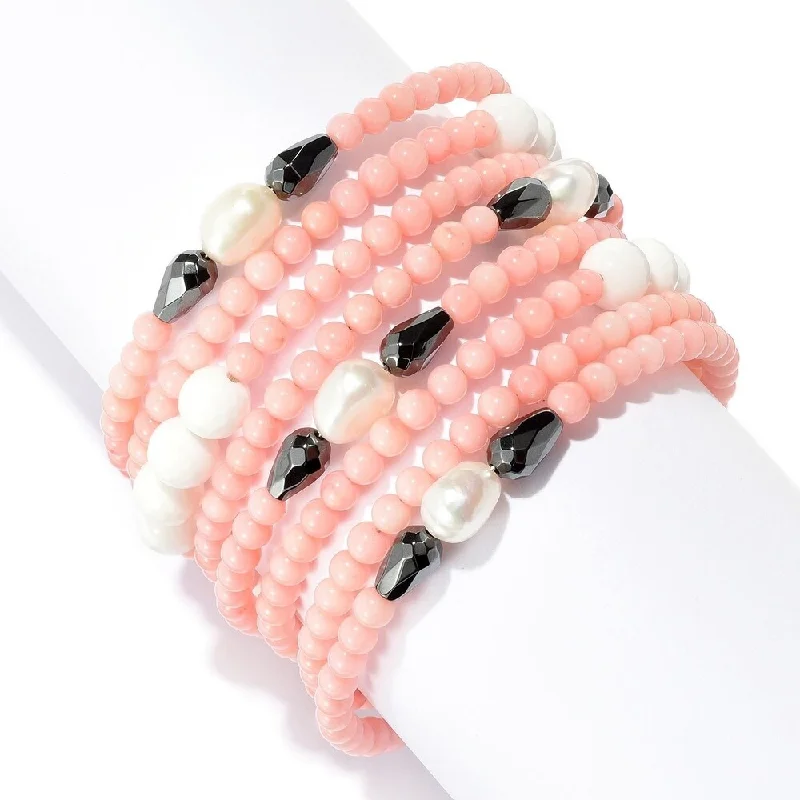 women silver bracelets -10 x 8mm Cultured Pearl, Hematite & Coral Beaded Wrap Bracelet