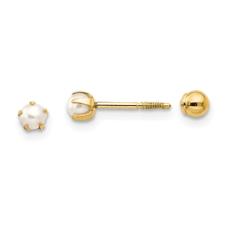 women chic stud earrings -3MM Round Pearl Reversible Ball Stud Earrings in 14KT Yellow Gold