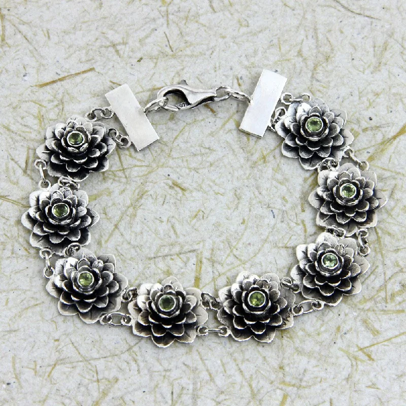 women stacked bracelets -Handmade Sterling Silver Peridot 'Sacred Green Lotus' Flower Bracelet (Indonesia)