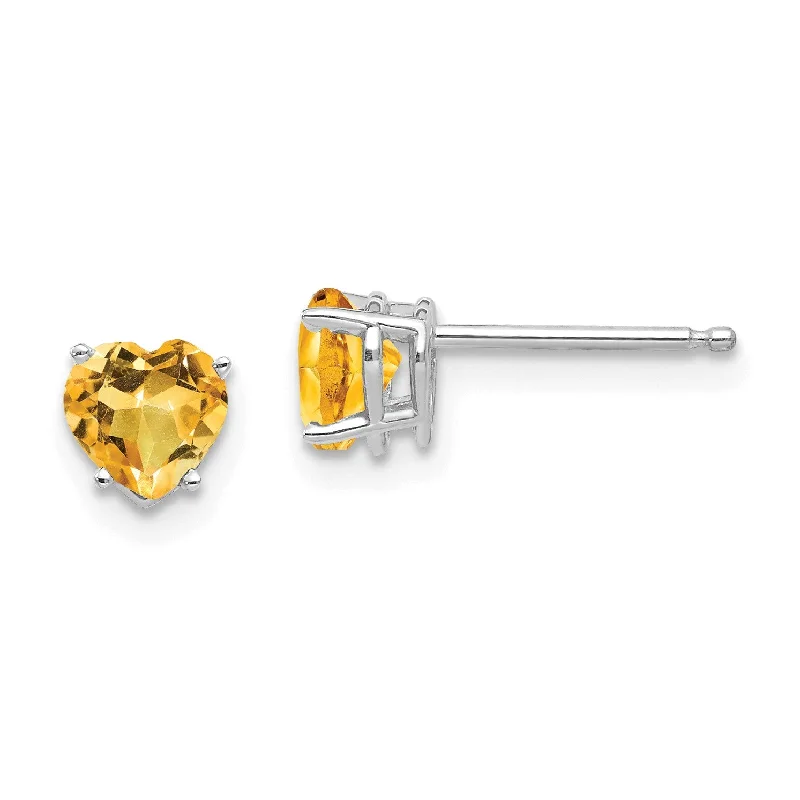 women chic drop earrings -5MM Heart Shape Citrine Stud Earrings in 14KT White Gold