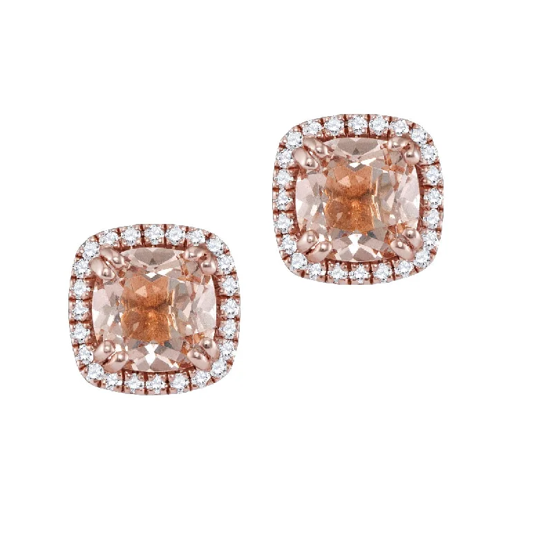 women sparkling earrings -6MM Cushion Morganite and Diamond Halo Stud Earrings in 14KT Rose Gold