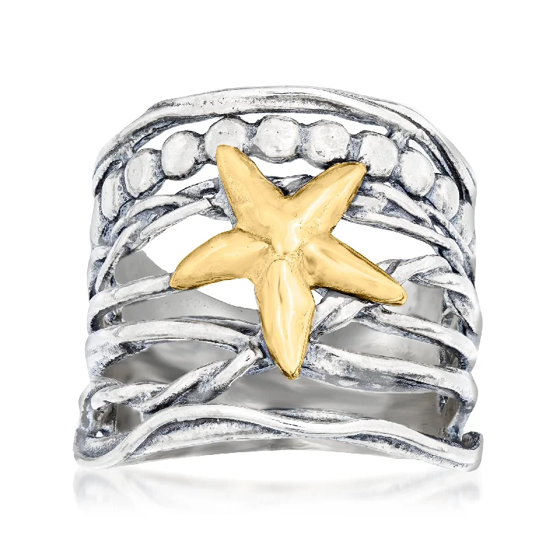 women double halo engagement rings -Ross-Simons Sterling Silver and 14kt Yellow Gold Multi-Row Starfish Ring